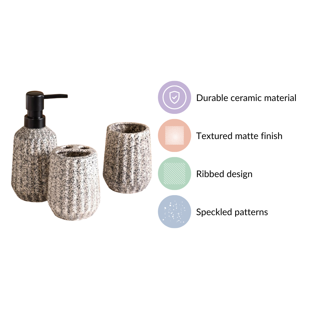 Granite Finish Ceramic Bathroom Set Of 3 Grey Matte Black
