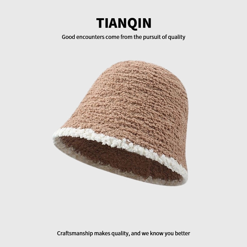 Fisherman Hat Women's Autumn And Winter Big Head Circumference Face-looking Small Bucket Hat Plain Warm Face-covering Plush Basin Hat For Women