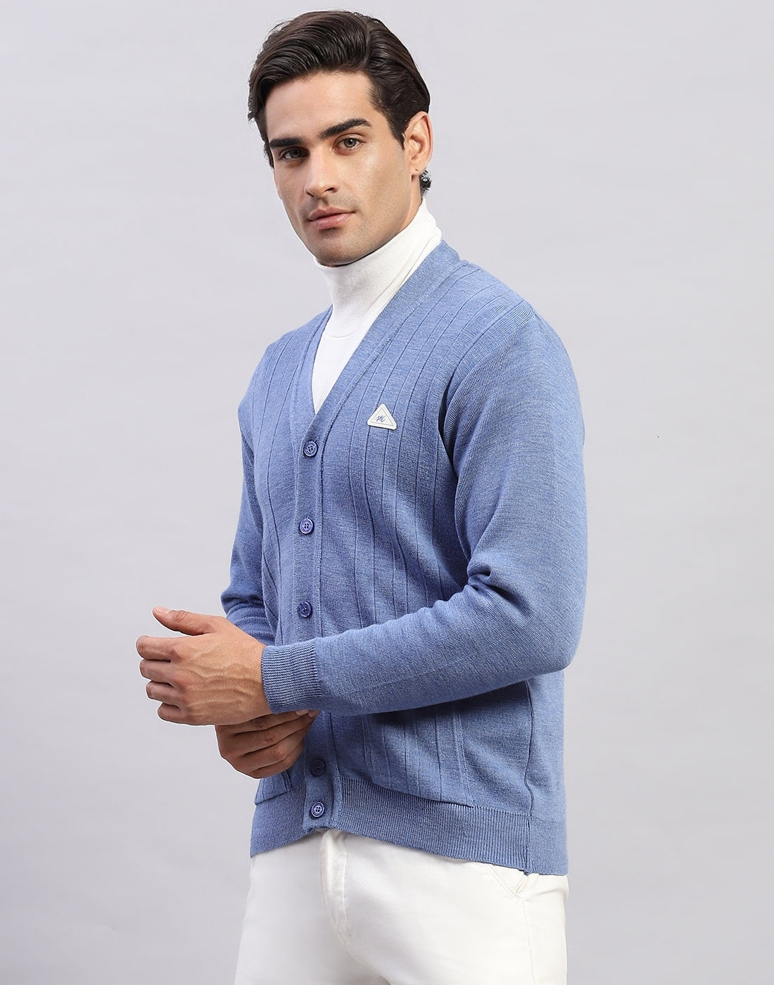 Men Blue Solid V Neck Full Sleeve Cardigan