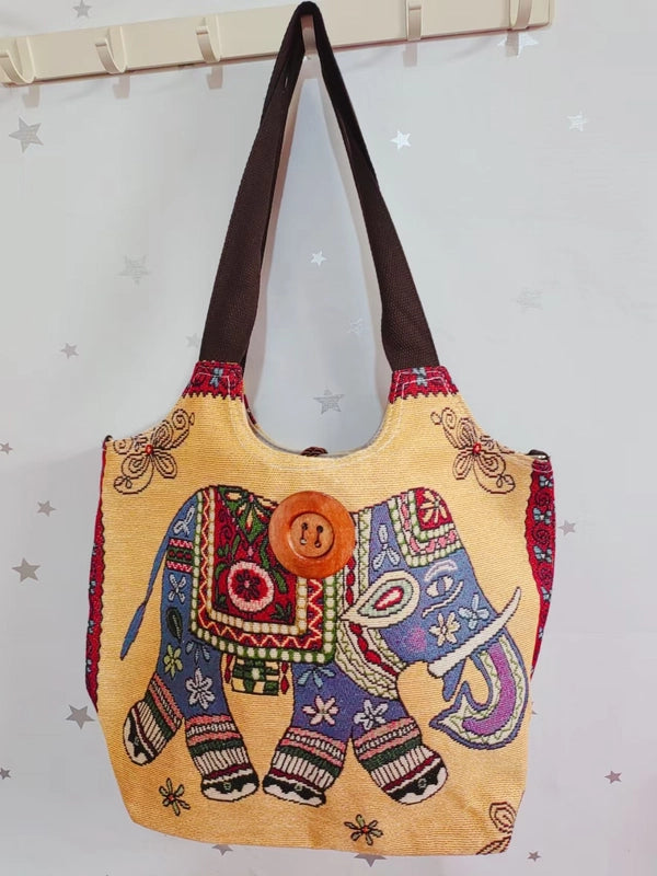 Women's Large Canvas Elephant Ethnic Style Square Zipper Shoulder Bag