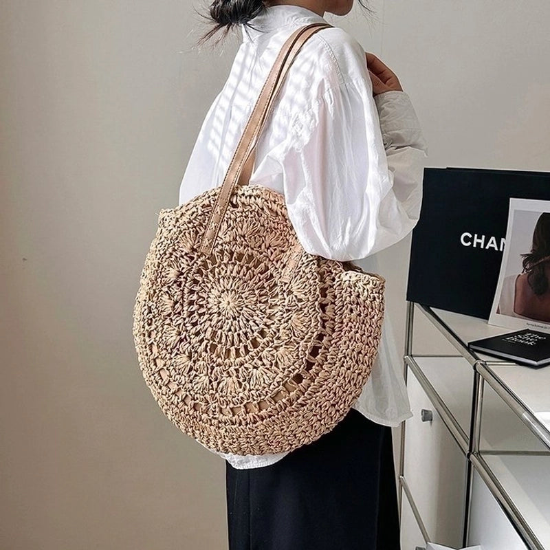 Women's Straw Solid Color Vacation Round Zipper Beach Bag