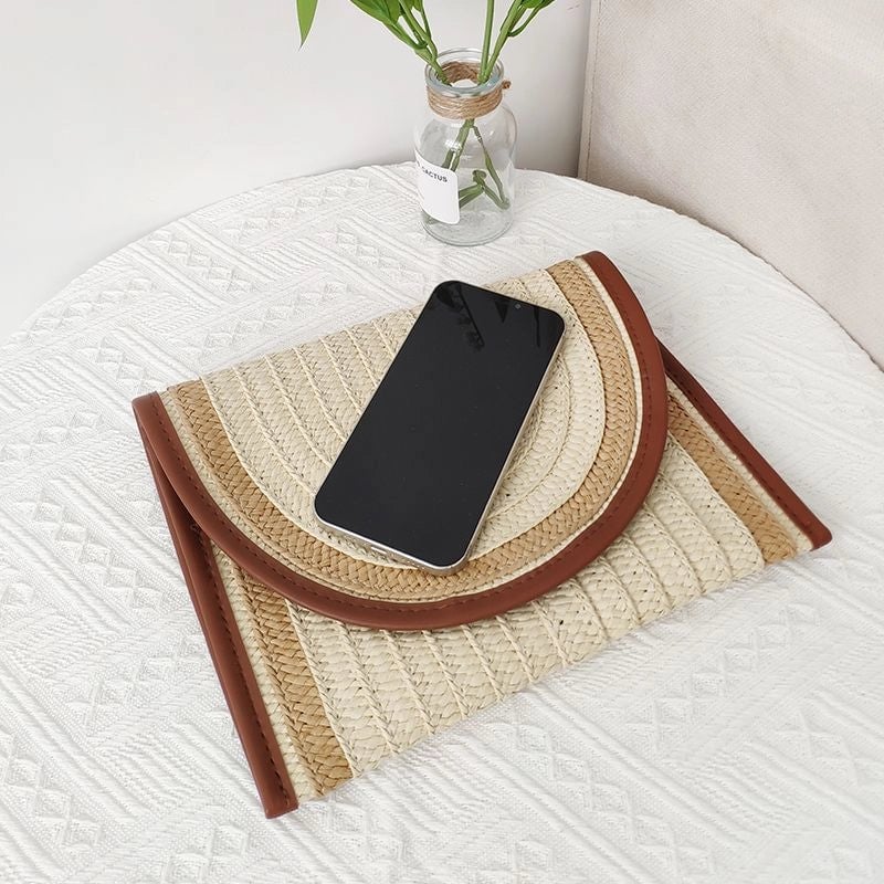 3 Pieces Beige Paper Multicolor Straw Square Clutches