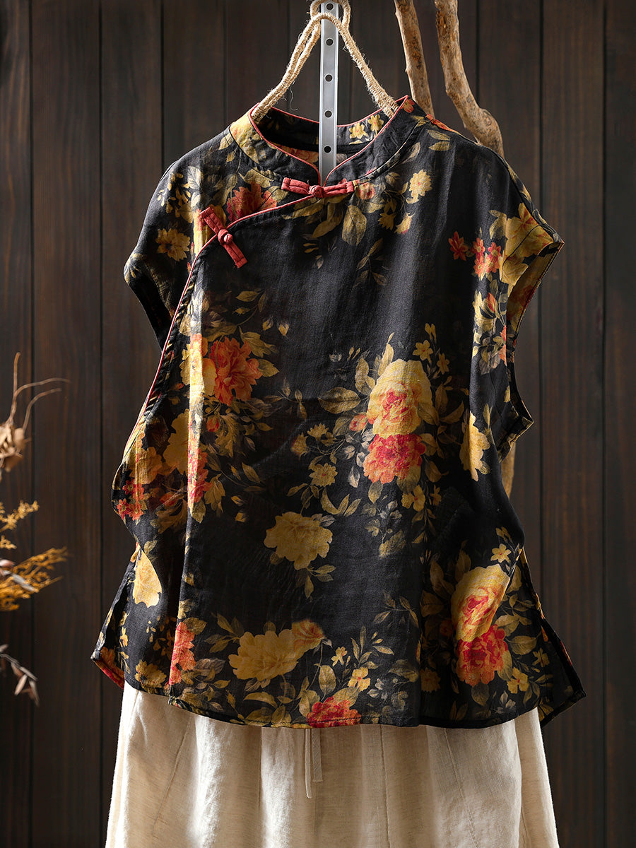 Women Summer Floral 100%Ramie Stand Collar Shirt