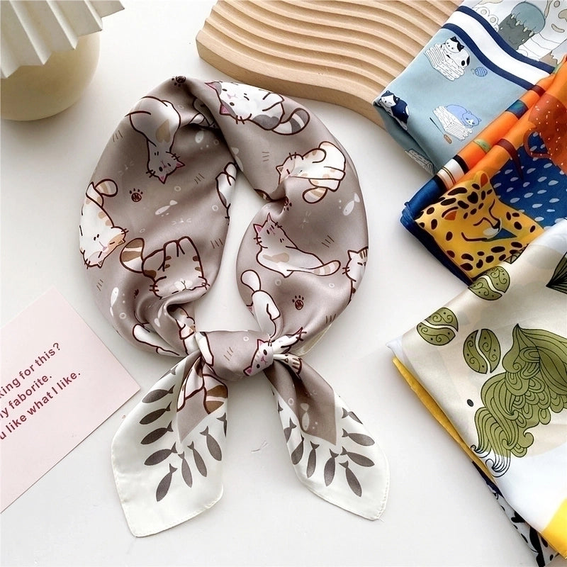 Women's Sweet Color Block Cat Polyester Printing Silk Scarves