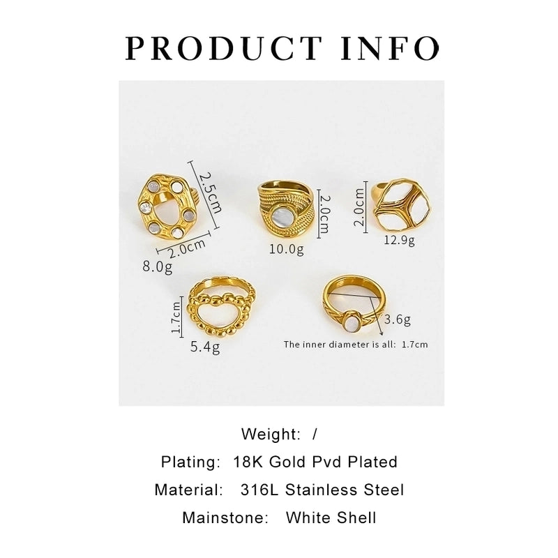 Retro French Style Geometric Heart Shape 316L Stainless Steel  Shell 18K Gold Plated Irregular Rings