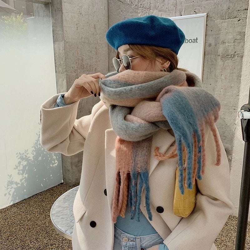 Rainbow Plaid Scarf Women's Autumn And Winter Thickened Mohair Student Couple Contrast Color Matching Thickened