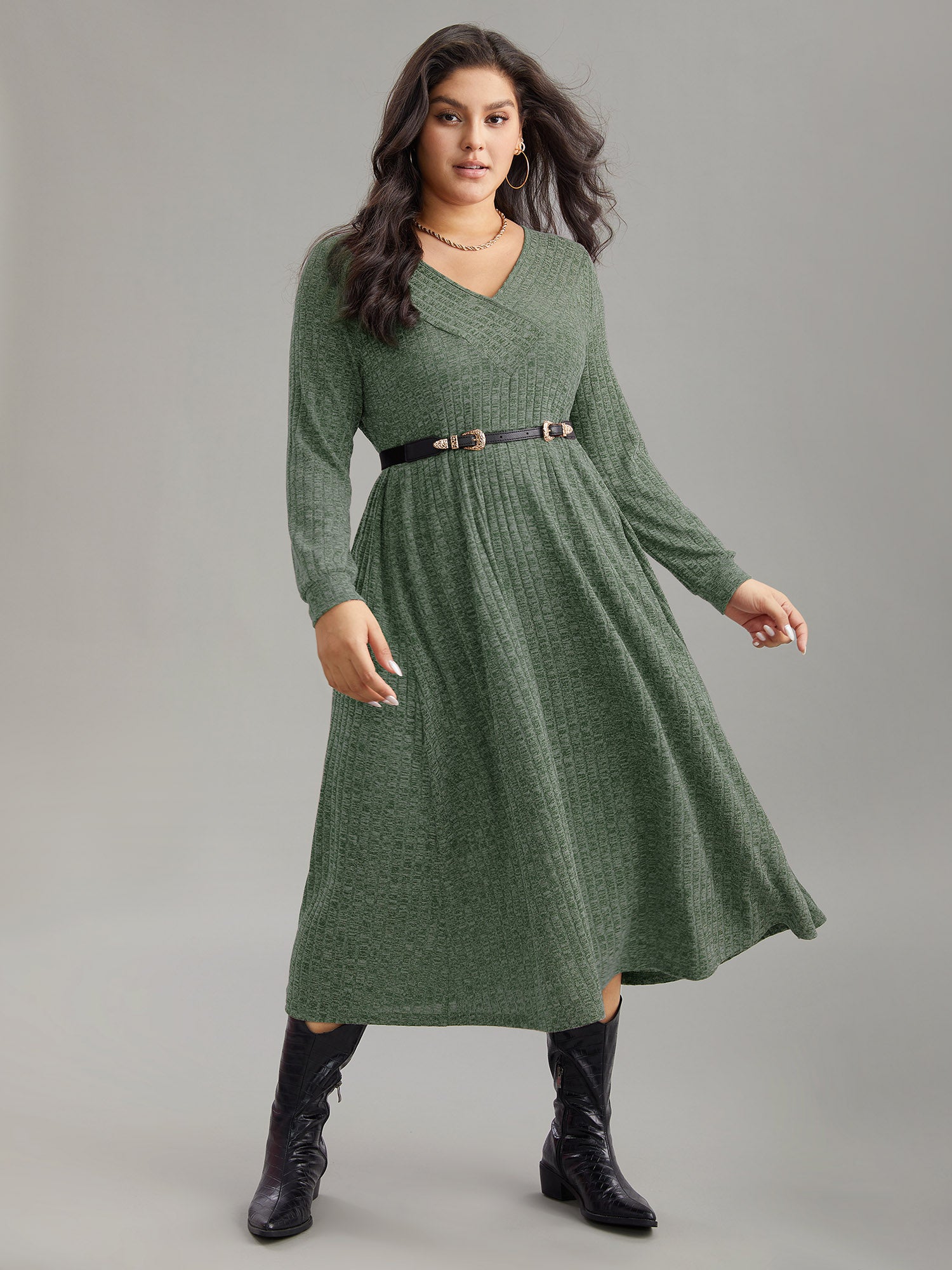 Rib Knit Plain Plisse Long Sleeve Dress