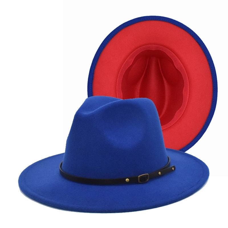 New Women's Woolen Top Hat Fashion Red And Black Color-matching Hat Women's Flat-brimmed Jazz Hat