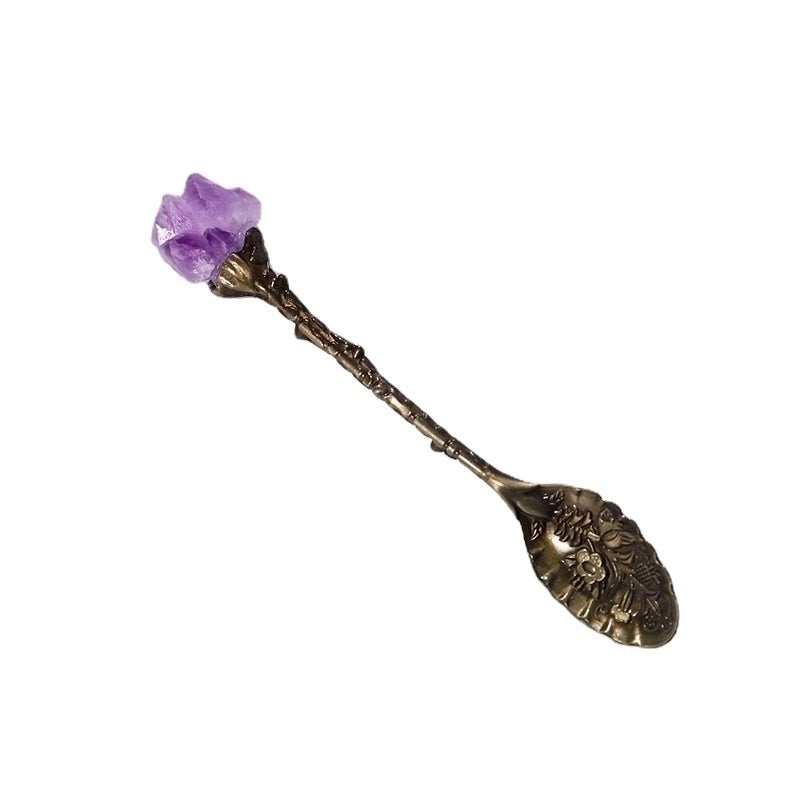 Natural Amethyst Flower Decor Copper Creative Long Handle Spoon