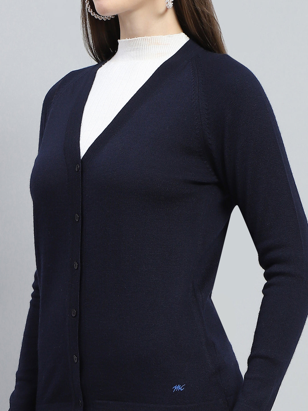 Women Navy Blue Solid V Neck Full Sleeve Cardigan