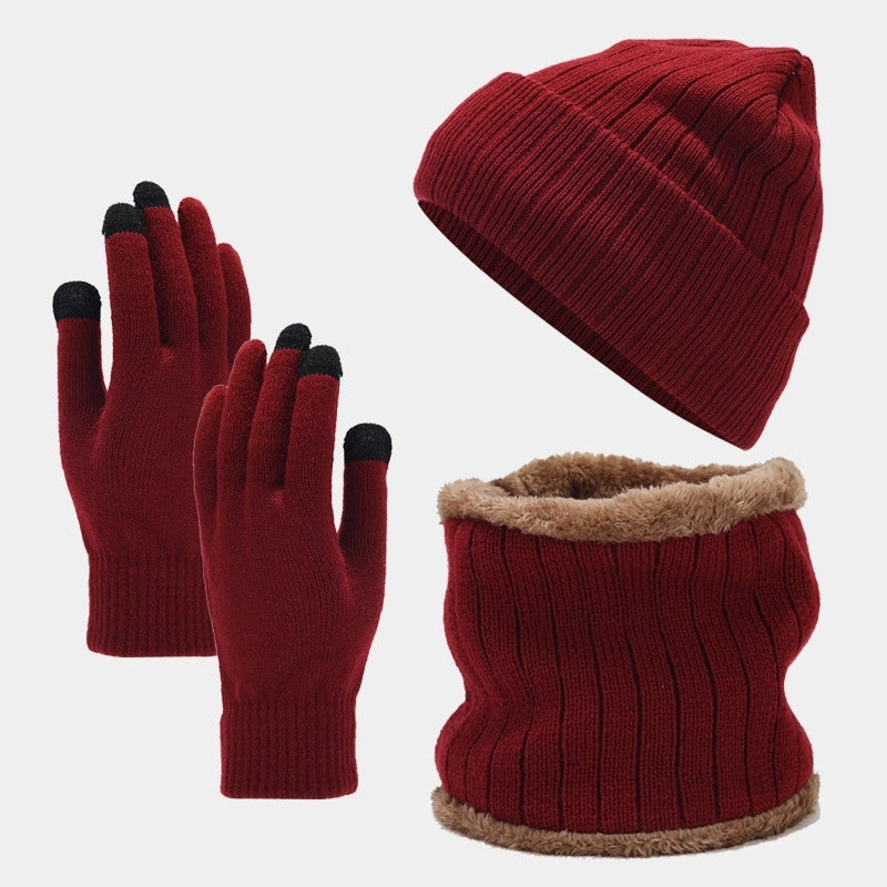 European And American Men's Fleece-lined Knitted Hat Scarf Gloves Three-piece Set Cold-proof Thickened Windproof Riding Warm Suit For Women