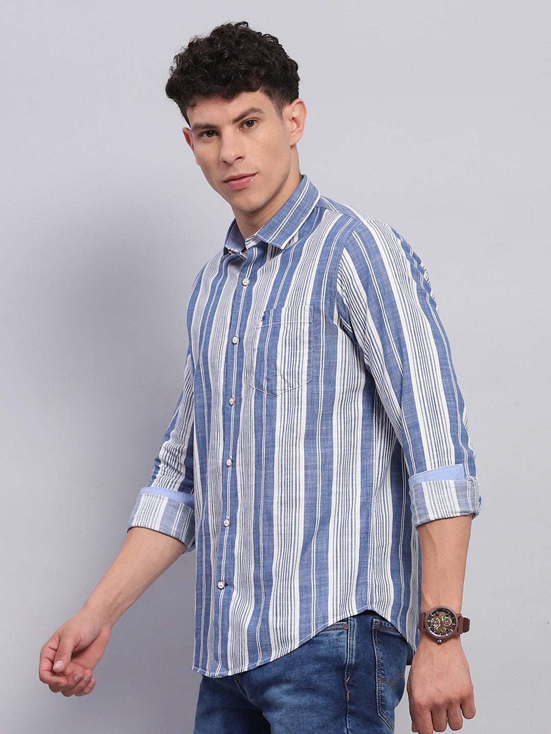 Men Blue Stripe Collar Full Sleeve Shirt