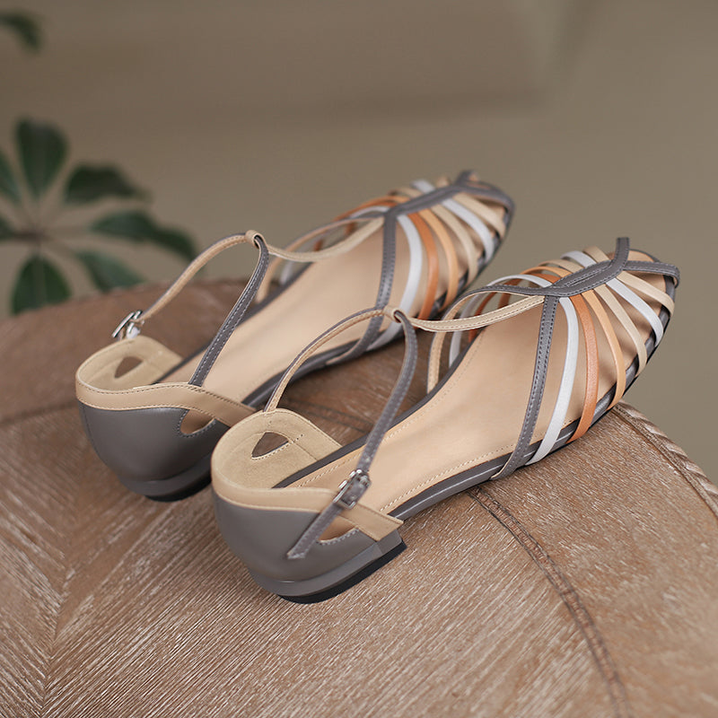 Vintage Roman T-Strap Fisherman Sandals Elegant Cowhide Closed-Toe Summer Shoes in Two Heel Heights
