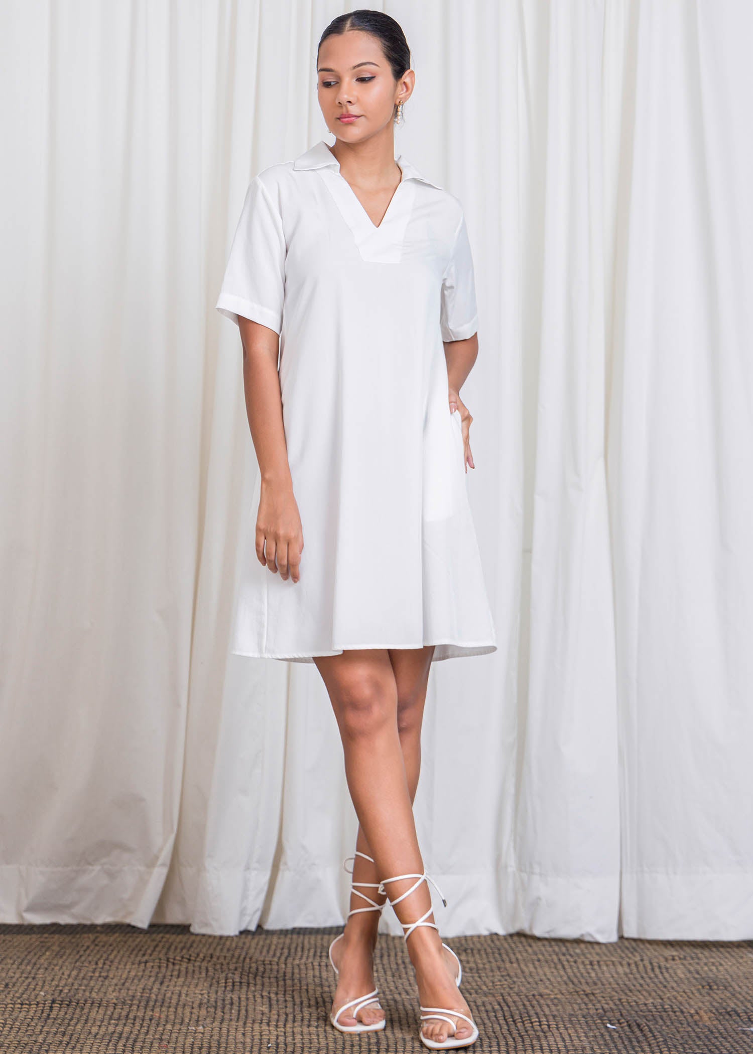 V Neck Trapeze Dress With Collar