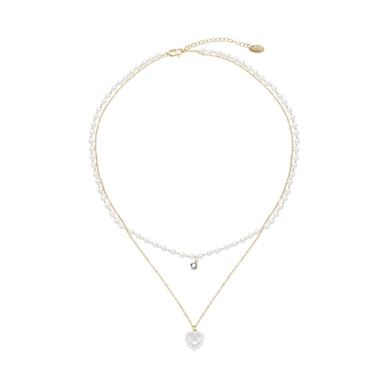 Fashion Heart Shape Titanium Steel Beaded Zircon Layered Necklaces 1 Piece