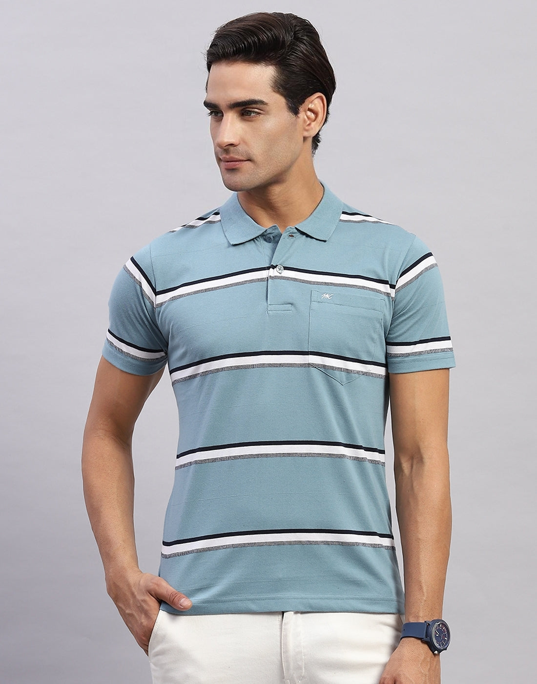 Men Blue Stripe Polo Collar Half Sleeve T-Shirt