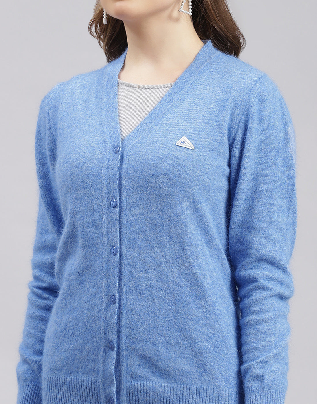 Women Blue Solid V Neck Full Sleeve Cardigan