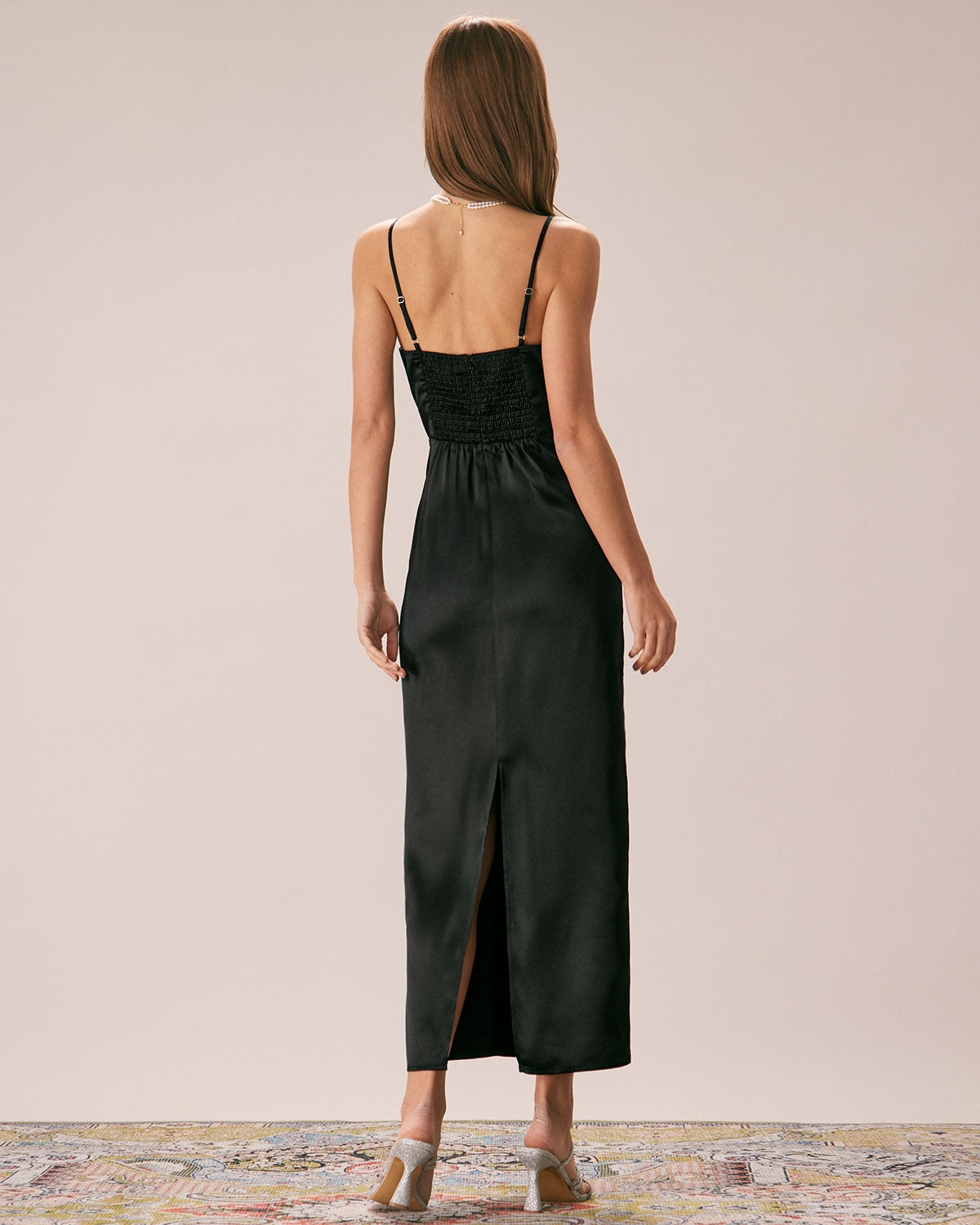 The Black Rosette Satin Strap Maxi Dress