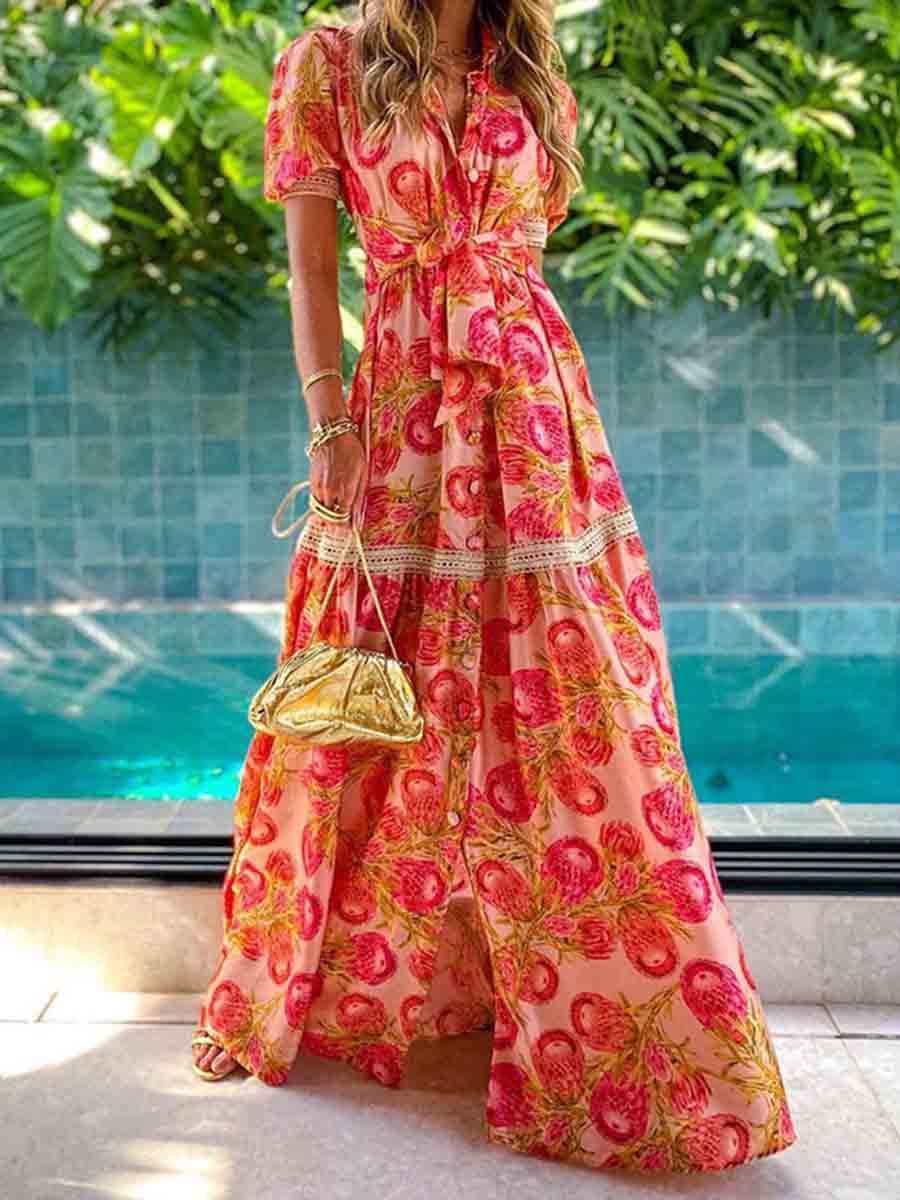 Bohemian Printed Lace Belt Dress