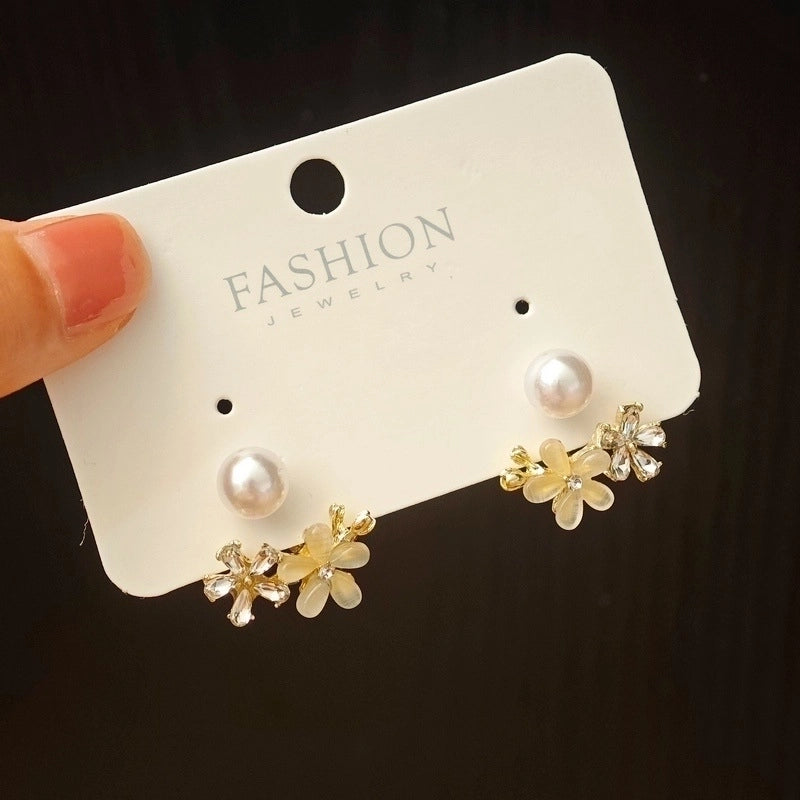 3 Pieces Sweet Heart Shape Rose Flower Inlay Imitation Pearl Alloy Rhinestones Earrings