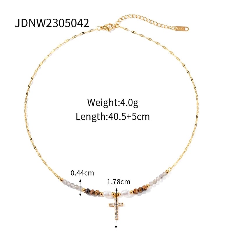 Minimalist Classic Style Cross 304 Stainless Steel Natural Stone Rhinestones Zircon 18K Gold Plated Pendant Necklace