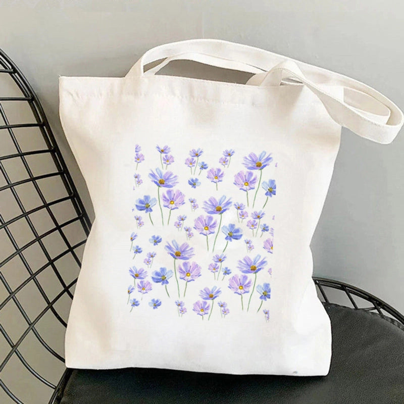 Women's Medium Canvas Flower Basic Classic Style Square Open Canvas Bag