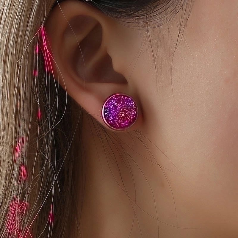 Minimalist Round Stainless Steel Artificial Gemstones Silver Plated Earrings Ear Studs