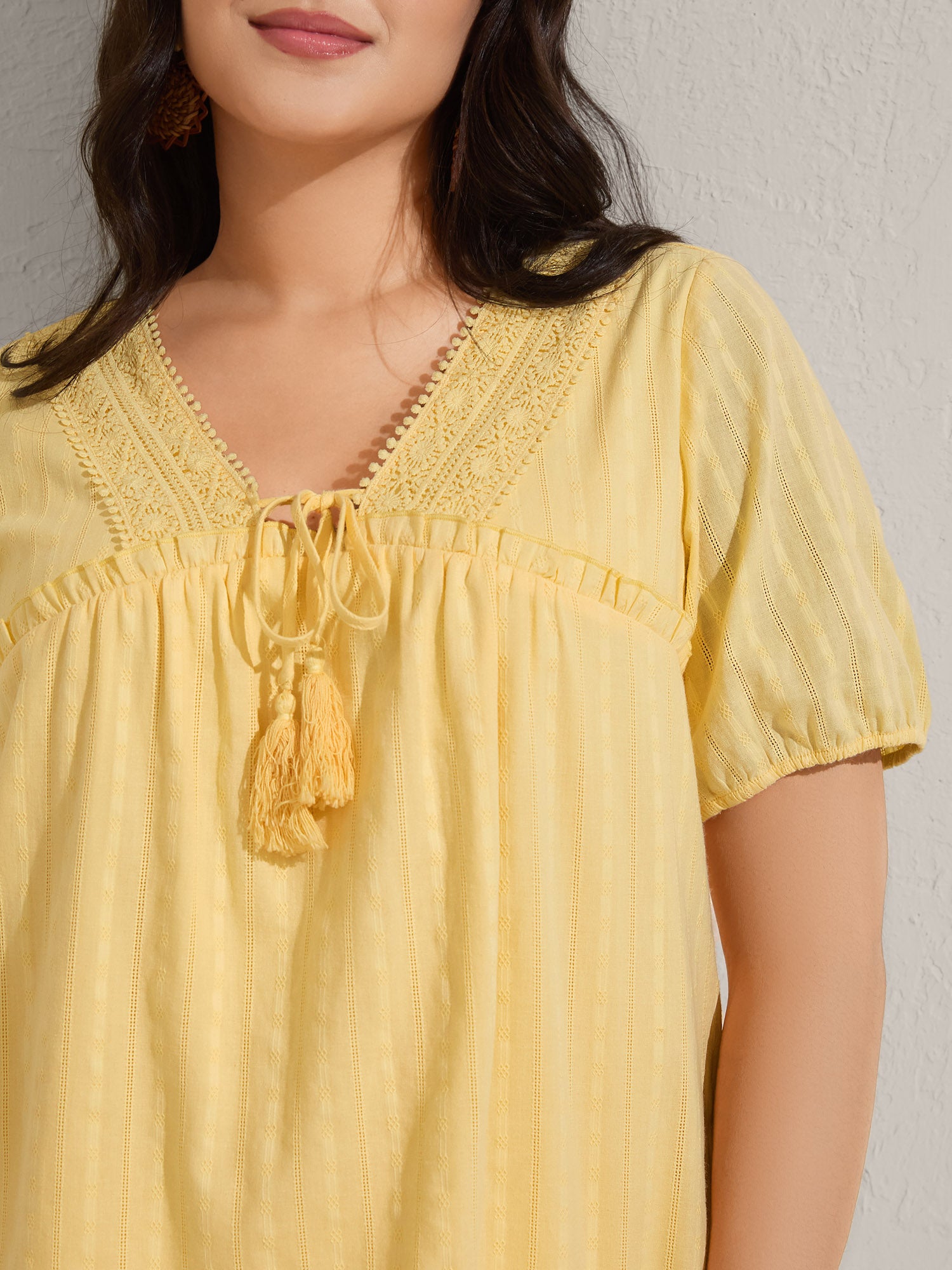 Cotton Textured Lace Trim Neck-Tie Blouse