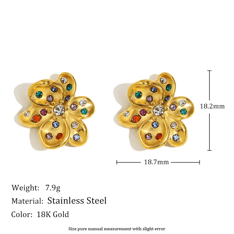 Exaggerated Stainless Steel 18K Gold Plated Flower Cherry Line Double Ring Stitching Earrings For Women