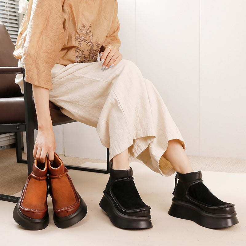 Retro Genuine Leather Platform Short Boots For Women Round Toe in Black/Brown