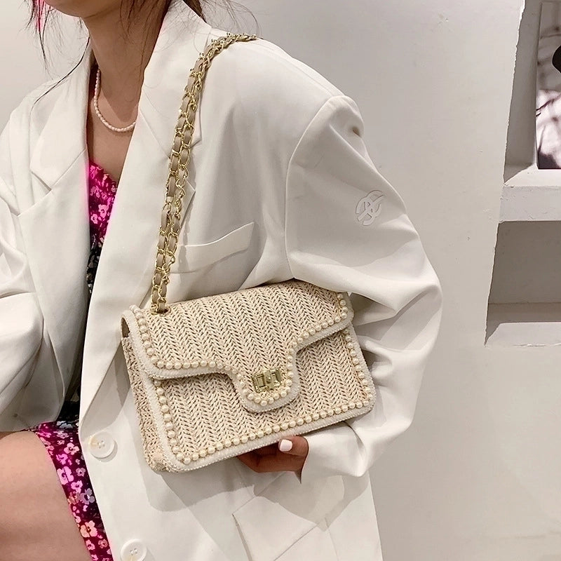 Women's Medium Straw Solid Color Fashion Square Flip Cover Shoulder Bag