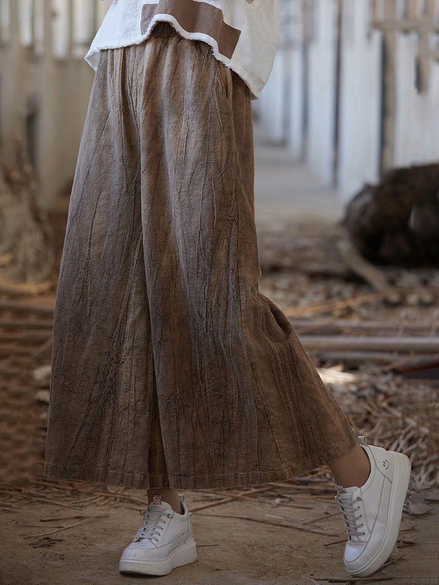 Women Vintage Summer Tie-dye Ramie Wide-leg Pants