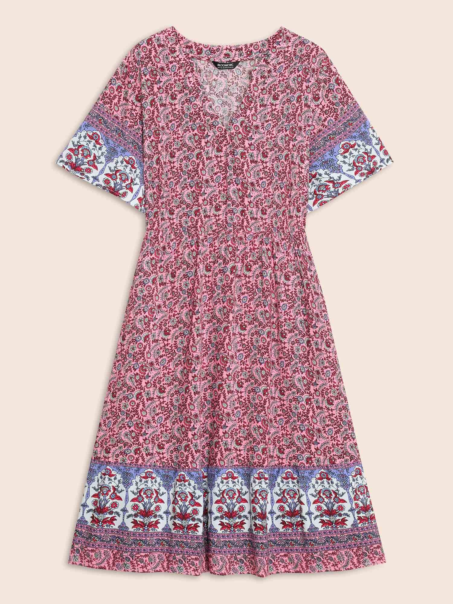 Boho Print Notched Collar Elastic Waist Dress