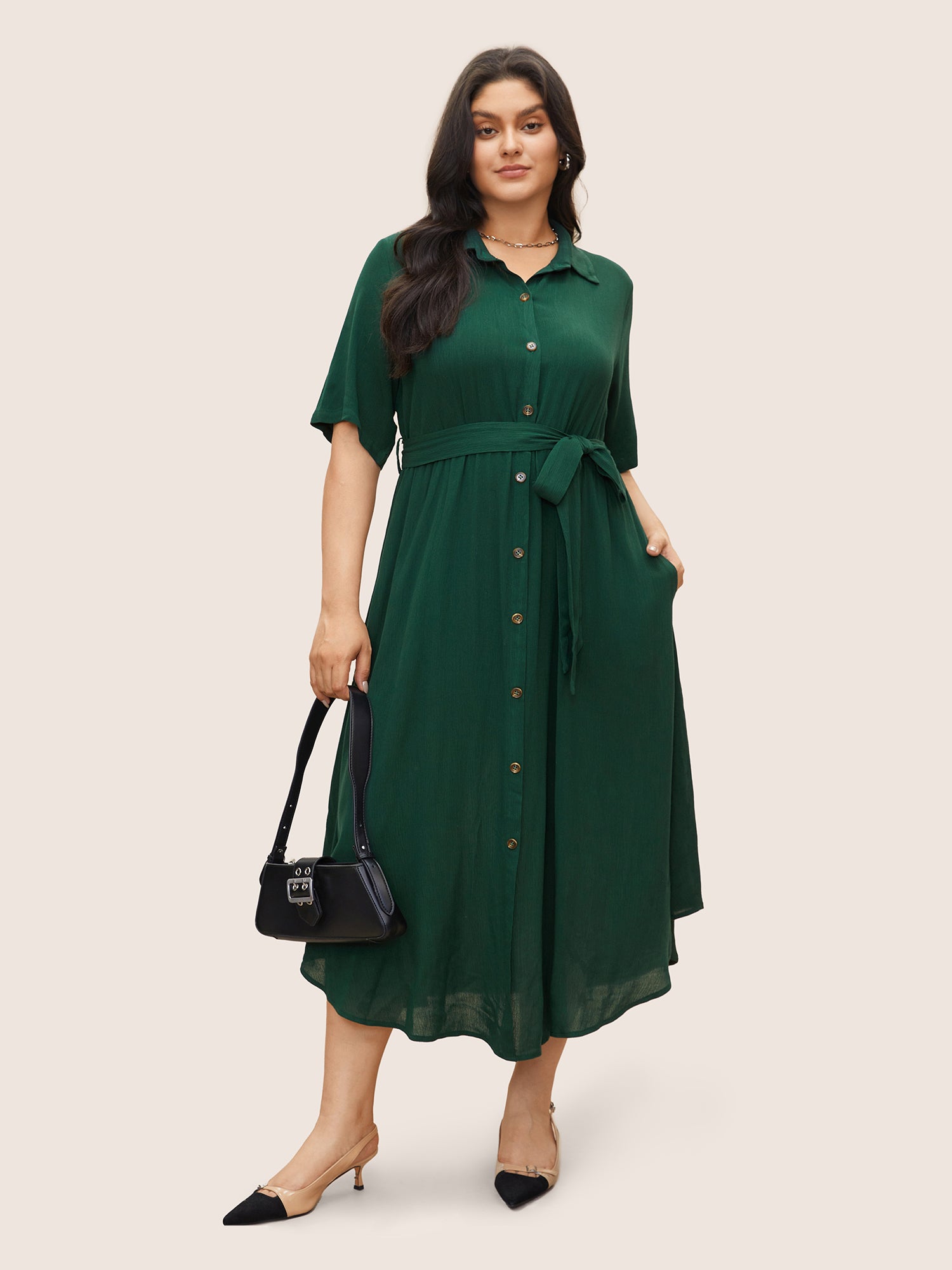 Solid Button Pocket Shirt Collar Belted Maxi Dress