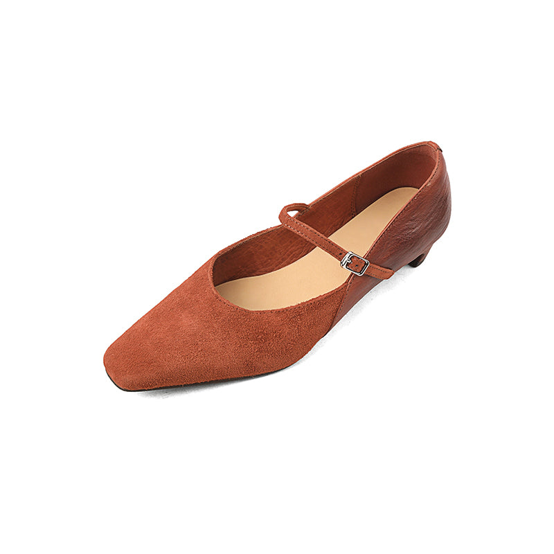 Elegant Washed Horsehide Nubuck Mary Jane Shoes Buckle Strap Causal Pumps in Red/Black/Caramel
