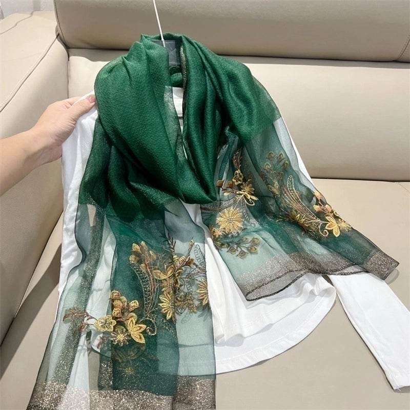 Women's Elegant Flower Polyester Embroidery Silk Scarf