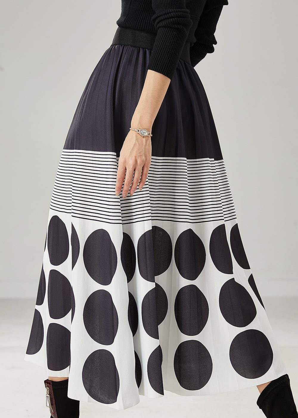 Women Black Print Cotton A Line Skirts Spring