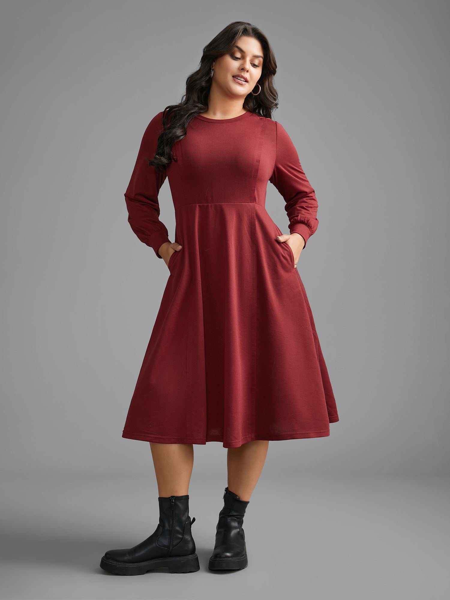 Solid Round Neck Midi Knit Dress