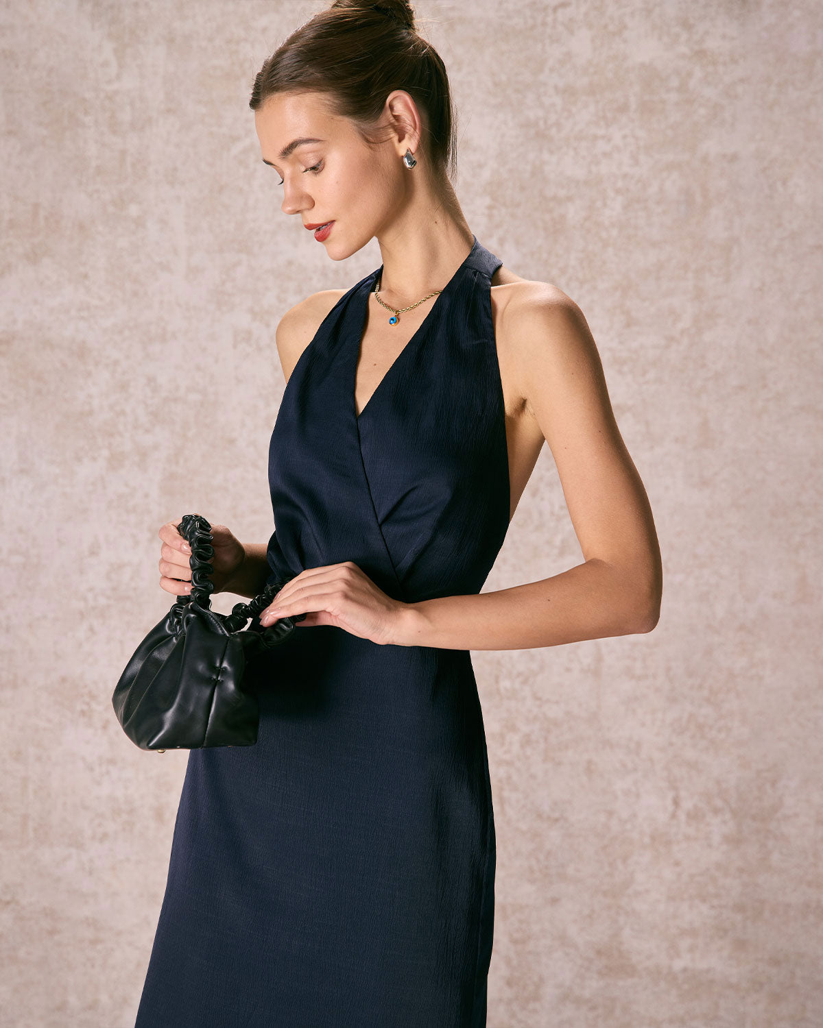 The Navy Halter Ruched Wrap Satin Midi Dress