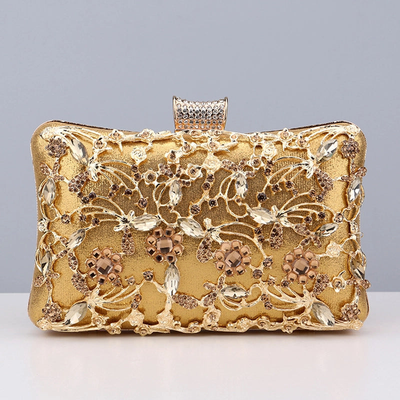 Black Gold Silver Pu Leather Flower Rhinestone Square Clutch Evening Bag