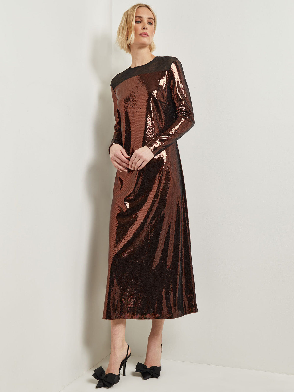 Modern Fit Sheer Shoulder Sequin A-Line Maxi Dress