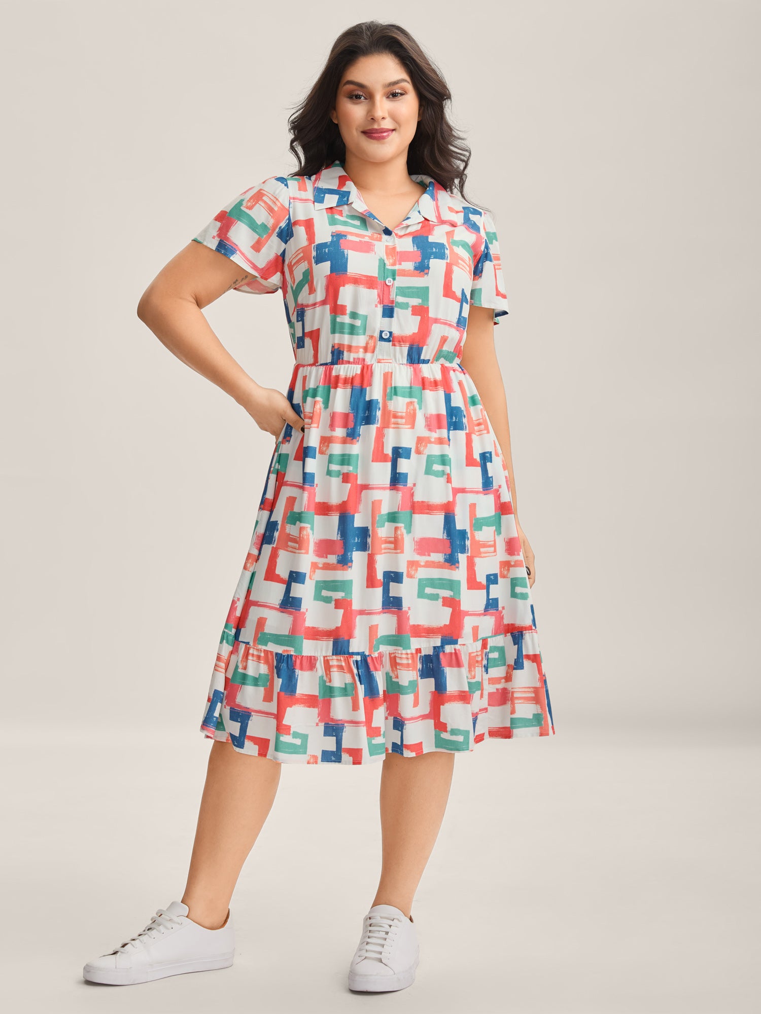 Color Puzzle Rayon Collar Midi Dress