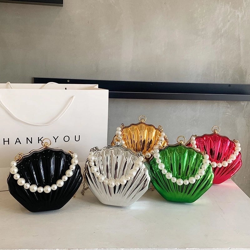 Gold Silver Black Arylic Solid Color Pearls Shell Evening Bags