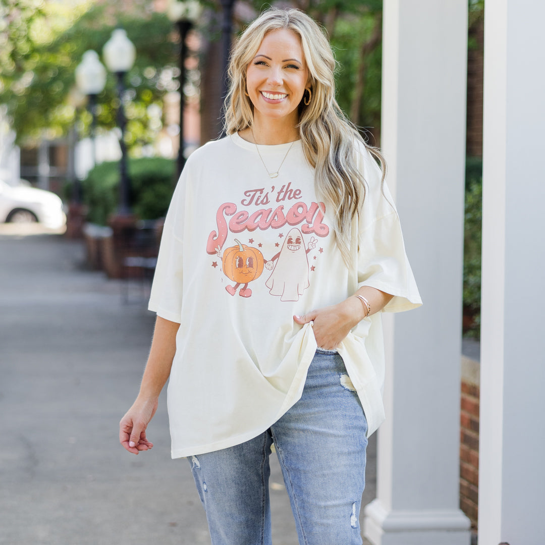 Tis The Spooky Season Boyfriend Tee. Ivory