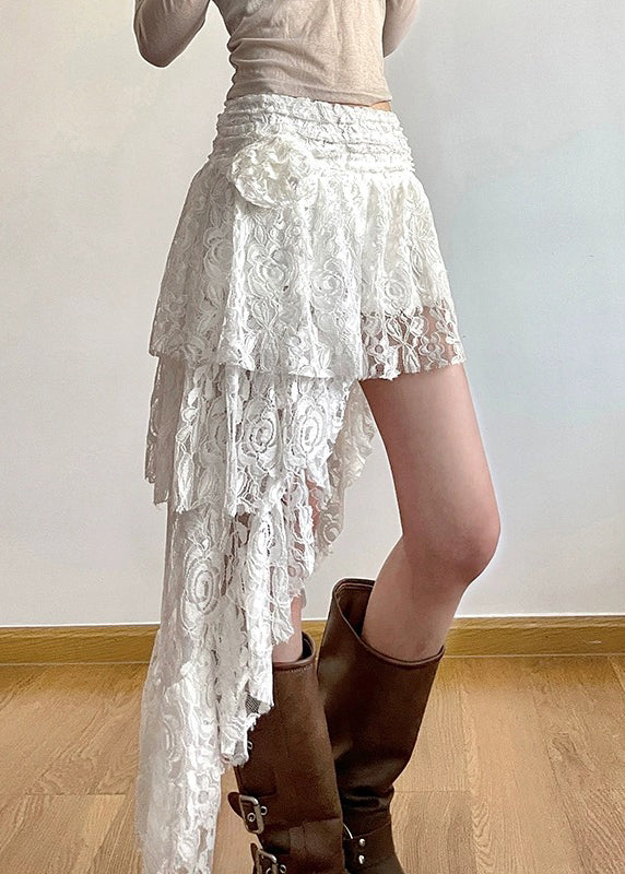 New White Asymmetrical High Waist Lace Skirts Summer