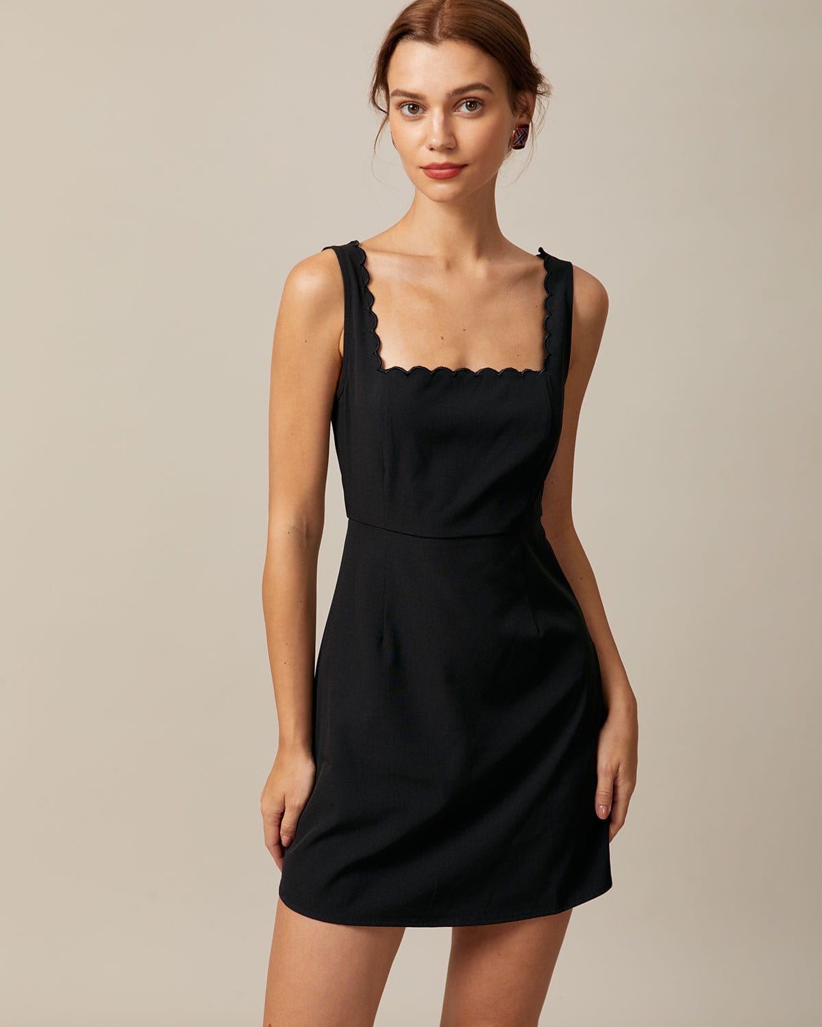 The Black Square Neck Scalloped Mini Dress