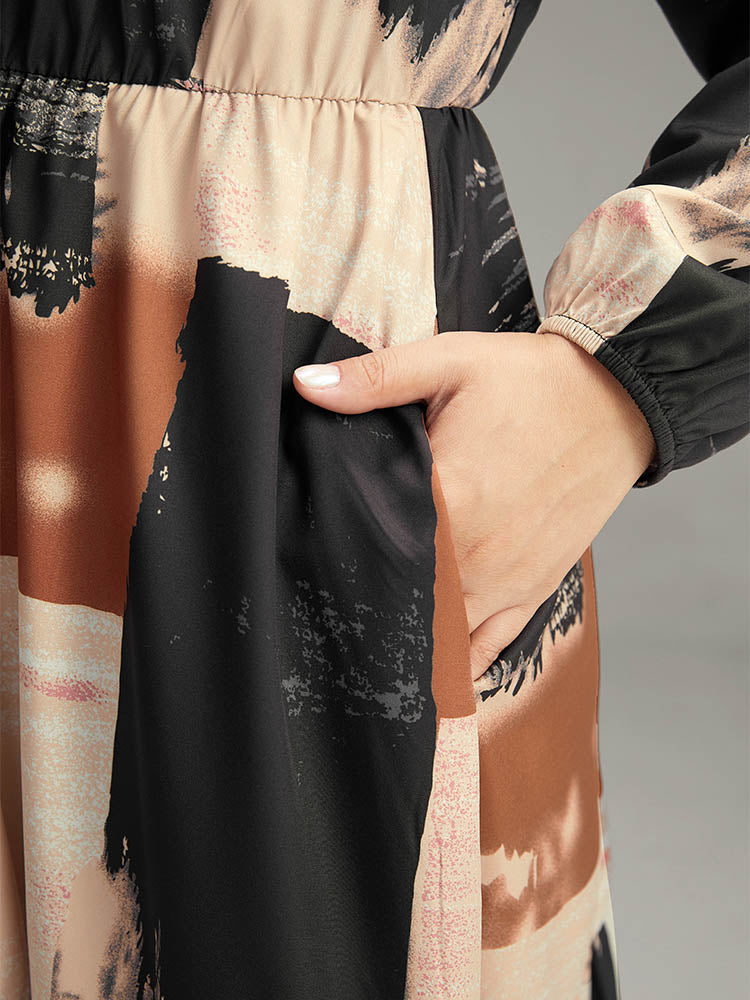 Brush Print Contrast Elastic Waist Button Through Dress