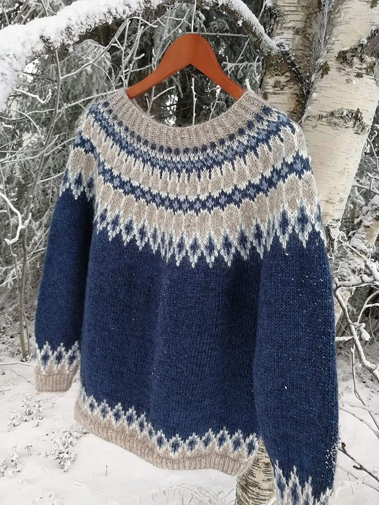 Vintage Warmth Norjalainen Knit Jacquard Icelandic Crew Neck Sweater