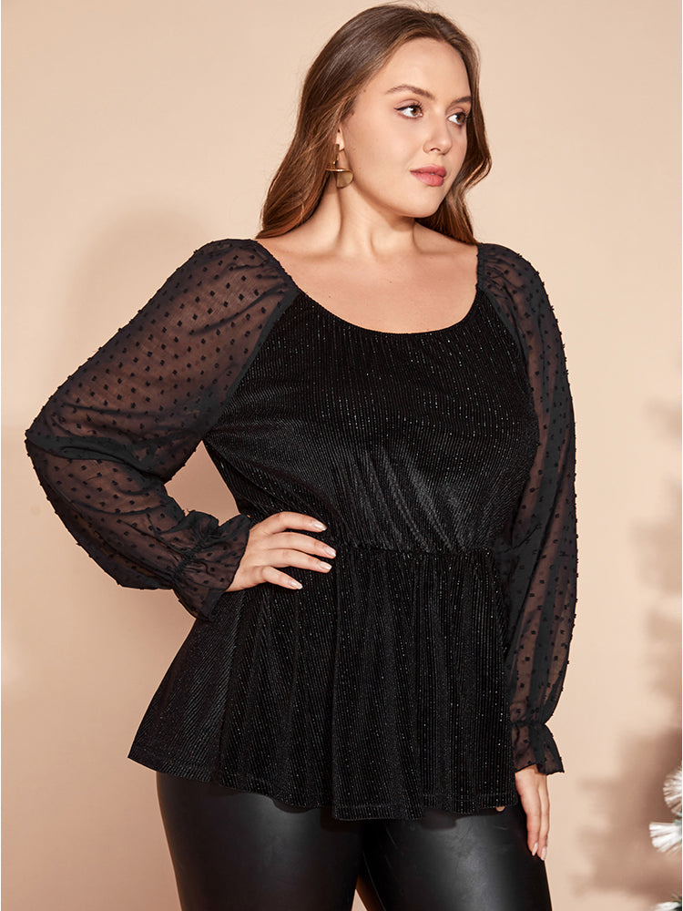 Polka Dot  Mesh Patchwork Textured Ruffle Hem Glitter Blouse