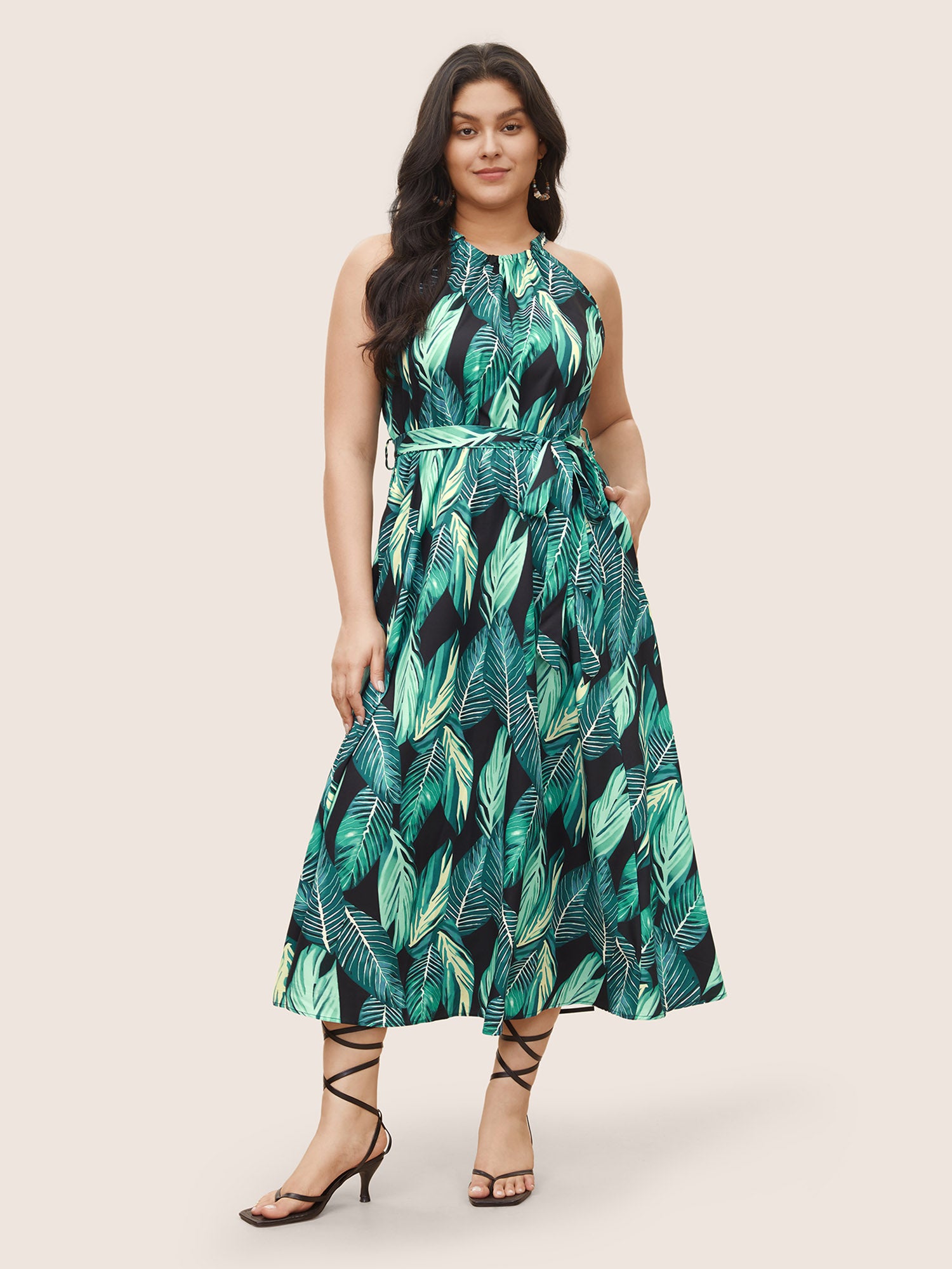 Tropical Print Knotted Pocket Ruffles Belted Halter Dress